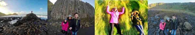 Las columnas de basalto de la Calzada del Gigante y una viajera en la ladera verde