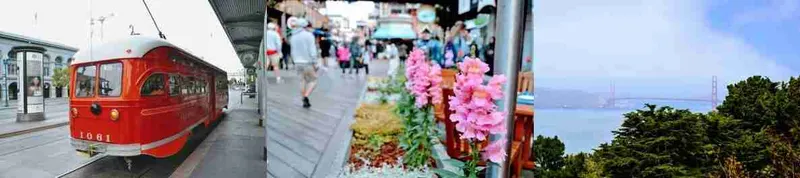 Tríptico de San Francisco: un tranvía histórico rojo, un paseo con flores junto al muelle y el Golden Gate entre los árboles