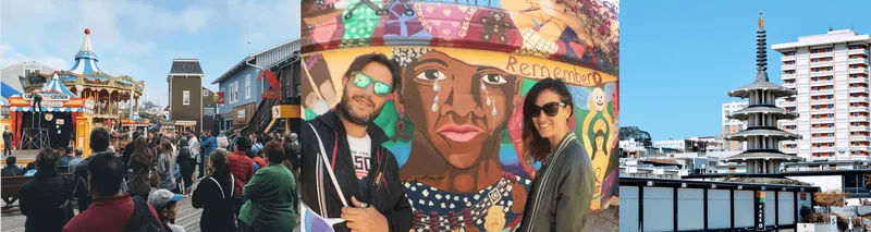 Pareja ante un gran mural de colores en San Francisco