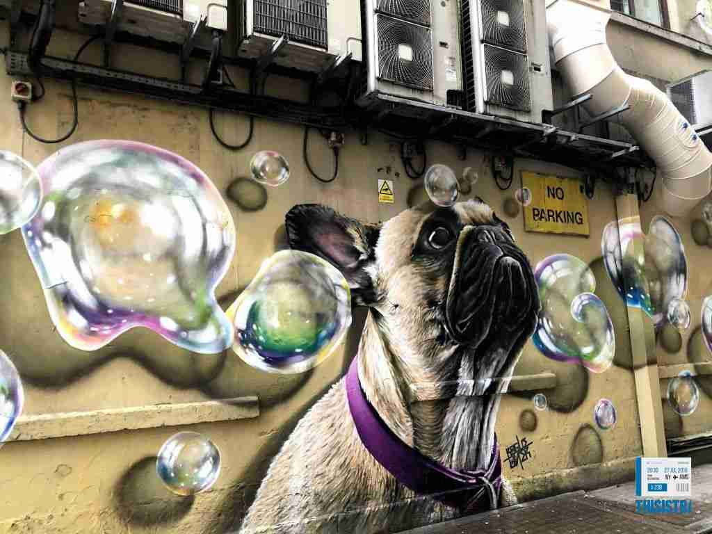 divertido graffiti Glasgow de un pug con bombas de jabon